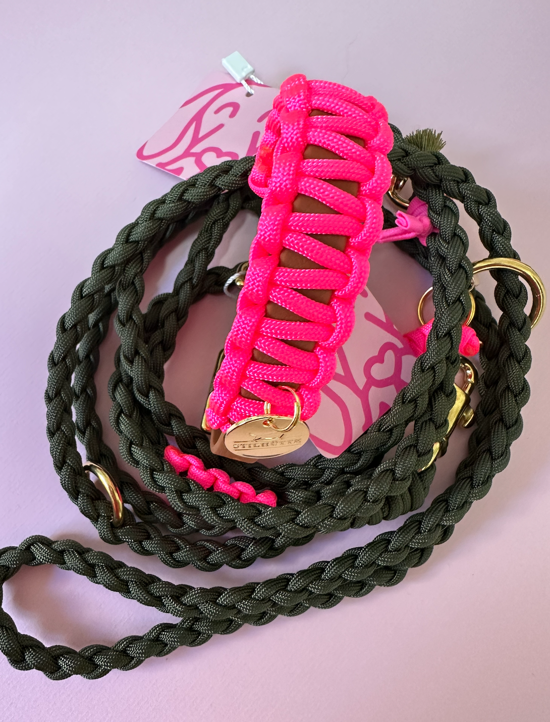 Neon pink Classic halsband - cognac biothane