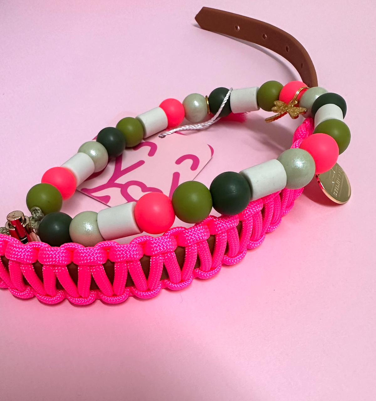 Neon pink Classic halsband - cognac biothane